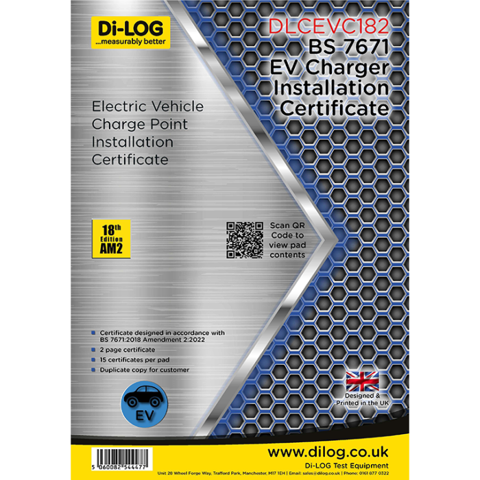 Di-Log Electric Vehicle Charging Point Installation Certificate -SINGLE CIRCUIT- DLCEVC182