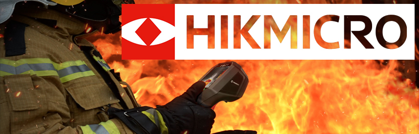 Close-up of a fireman in front of flames, with the HIKMICRO logo prominently displayed in the corner